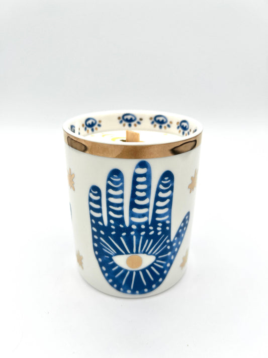 Ceramic Hamsa Candle: Hinoki & Sandalwood