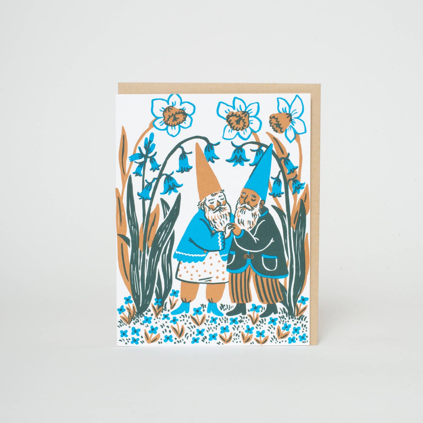 Hugging Bluebells Gnomes Letterpress Card by Phoebe Wahl