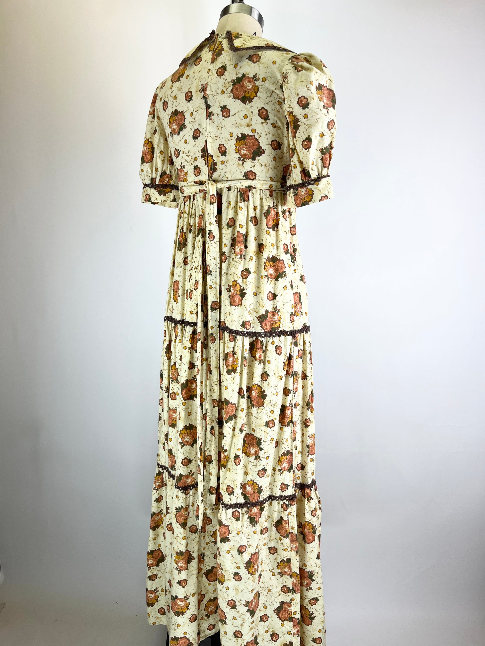 prairie dress vintage Betty Barclay Cotton Maxi With Madras Check Floral Patchwork Bib Front Puff Sleeves and Ruffle Hem 1970s 70s 1980s 80s medium Elasticity Vintage 1930s floral prairie dress