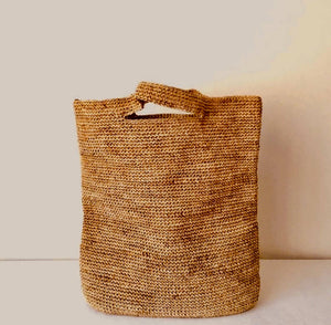 handmade natural raffia paper tote bag with top handles